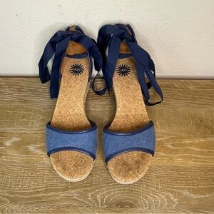 UGG Amell Open Toe Blue Lace Up Jute Wedge Espadrille Size 9